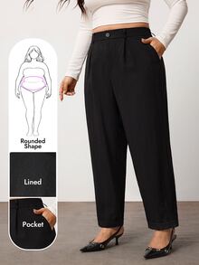 Enliva Women Plus Size Linen-Blend Trousers, High-Waisted Relaxed Straight-Leg Pants With Front Pleats, Elastic Back Waist And Cuffed Hem, Fall/Winter Pant - Black - View 1