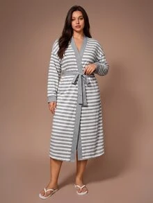Lazeform Casual Striped Print Long Sleeve Long Length Plus Size Robe - Light Grey - View 7