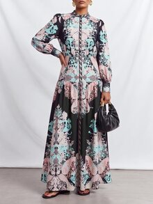 Zivah New Elegant Women's Court Style Dark Floral Print Front Button Placket Puff Long Sleeve Structured Dress - Multicolor - View 3