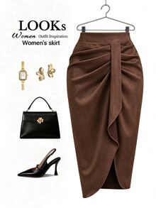 GlowEve CURVE Women's Plus Size Solid Color Pleated Fashion Design Sexy Skirt Winter - Coffee Brown - View 3