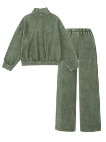 SHEIN 青少年女孩秋季套裝 1/4 拉鍊寬鬆運動衛衣與運動長褲套裝 寬鬆版型 返校季休閒街頭風 學生深灰色 - 軍綠色 - 查看 2