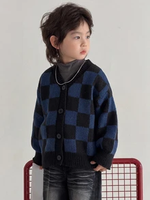 Dazy Kids 小男孩時尚街頭風格格紋落肩寬鬆開襟針織外套，秋冬款 - 藏蓝色 - 查看 4