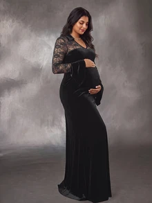 Cheriluna Maternity Đầm dự tiệc bầu size lớn phối ren phối mảnh, tôn dáng thắt eo thanh lịch - màu đen - Xem 7