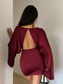 Aloruh 女款秋冬上鬆下緊喇叭袖露背迷你洋裝 - 酒紅色 - 查看 2