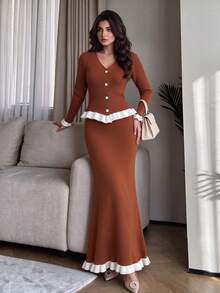Modelyn Women's Contrast Color V-Neck Casual Daily Summer Knit Long Sleeve Top & Earrings & Skirt Optional Knit Set - Brown - View 7