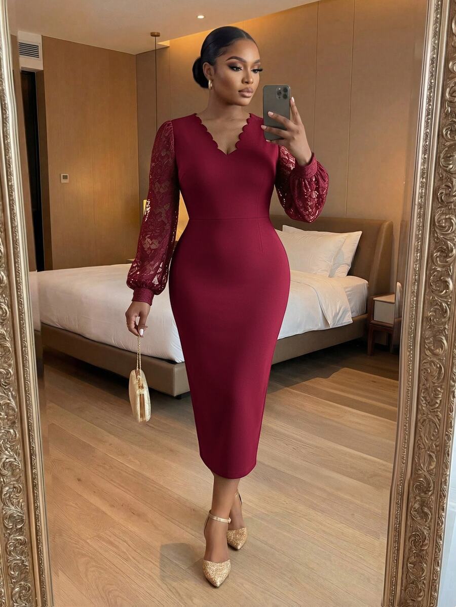 SHEIN Lady CURVE Plus Size Elegant Lace Evening Dress - Burgundy - View 1