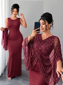 Elenzga 大尺碼女款優雅針織黑色網紗銀箔百褶披肩式修身緊身洋裝 - 酒紅色 - 查看 1
