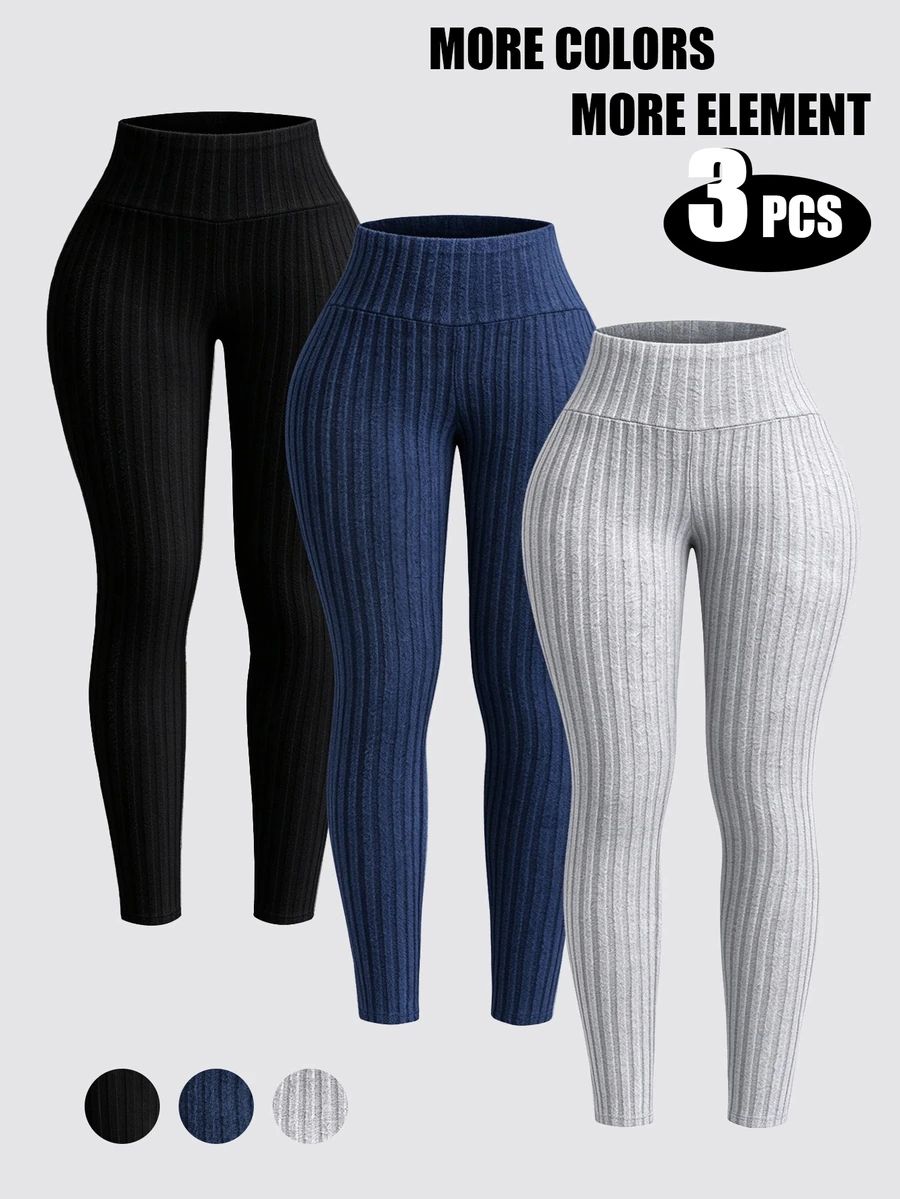 Airaco 3 PiecesSet: Plus Size Solid Color Ribbed Fleece Leggings Fall Winter - Multicolor - View 1