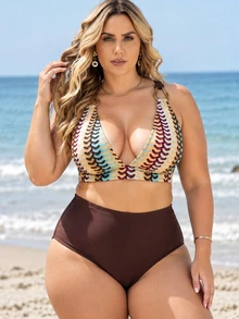Swim Oasis Plus Size Women's Summer Beach Colorblock Sexy Bikini And Triangle Panty Two-Piece Swimsuit Set With Skirt - Multicolor - View 5