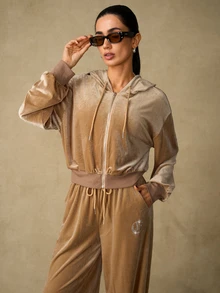 Emperor Women's Autumn/Winter Velvet Zipper Rhinestone Jacket - Khaki - View 1