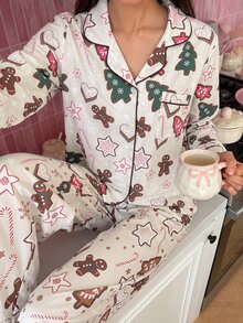 SweetSlumber طقم بيجامة نسائي لعيد الميلاد بتصميم رجل الزنجبيل مع ياقة وأكمام طويلة وبنطال - لون مشمشي - مشاهدة 4
