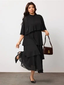 Enliva Plus Size Black Tiered Maxi Dress With Sheer Cape Sleeves For Pear Body - Black - View 3