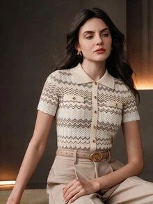 Anewsta 女款時尚復古多色拼接精緻鈕扣短袖針織上衣，條紋上班穿搭上衣，夏季服飾 - 杏色 - 查看 2
