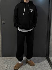 DAZY Autumn/Winter Thermal Lined Black Hooded Sweatshirt Set With Letter Print On Chest And Back For Men - Black - View 1