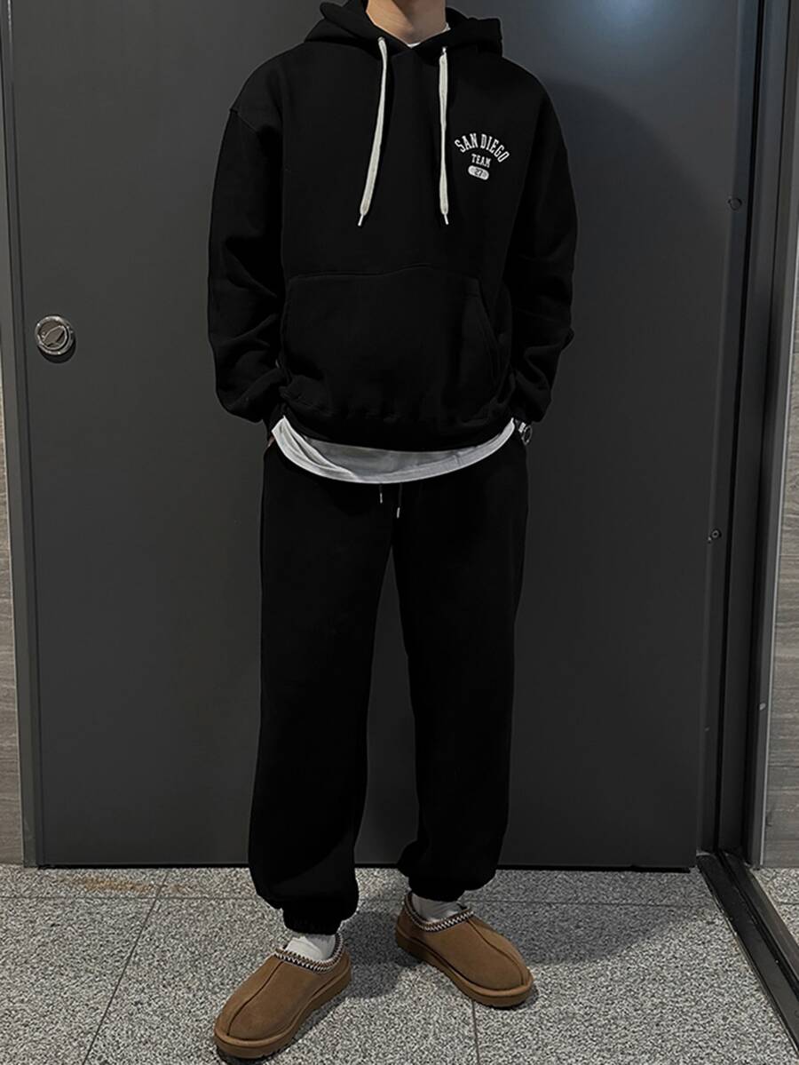 DAZY Autumn/Winter Thermal Lined Black Hooded Sweatshirt Set With Letter Print On Chest And Back For Men - Black - View 1