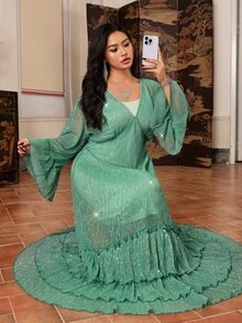 EastFlair Plus Size Women's V-Neck Pleated Fashion Party Dress - Green - View 2