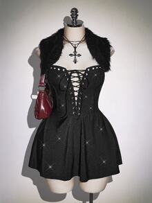 SHEIN ICON Plus Size Y2K Fur Collar Square Neck Backless Square Neck Deep V Cross Tie Mini Dress, Sexy Christmas Party Snow Dress - Black - View 2
