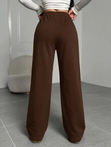 SHEIN EZwear 女款深棕色針織休閒運動長褲，抽繩腰頭，寬鬆版型，適合居家休閒或冬季穿著 - 棕色 - 查看 2