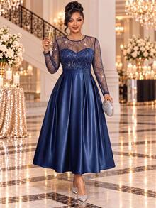 Fleurora Plus Size Women's Patchwork Sequin Mesh Round Neck Long Sleeve Elegant Dress - Navy Blue - View 2