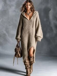 Omancia Women's Solid Color Hooded Asymmetrical Hem Sweater Dress - Camel - View 1