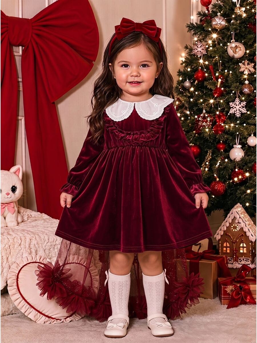 Cozy Pixies Baby Girl Knitted Solid Color Velvet Ruffle Trim Patchwork Woven Peter Pan Collar Casual Dress - Red - View 1