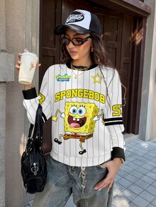 SpongeBob SquarePants | SHEIN Women's Cartoon Pattern Print Striped Long Sleeve Sweatshirt - White - View 3