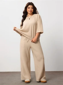 Enliva Plus Size Knit Two Pieces Set With Wide Leg Pants For Pear Body - Khaki - View 5