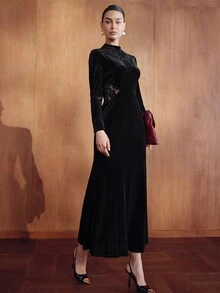 MOTF PREMIUM WOMEN'S SOLID COLOR CONTRAST LACE LONG SLEEVE ELEGANT DRESS - Black - View 8