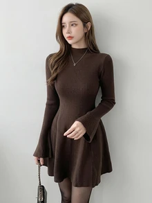 DAZY Women's Soft Style Long Sleeve Ribbed Knit Sweater Dress - Coffee Brown - View 5