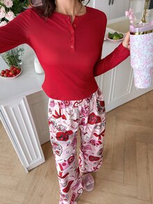 SweetSlumber Bộ đồ ngủ nữ phong cách INS vintage gồm áo len dệt kim cài nút họa tiết nơ và trái tim ngọt ngào cùng quần pijama vải dệt dáng rộng - Nhiều màu - Xem 3