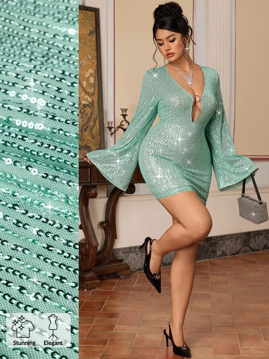 EastFlair Plus Size Sexy Metallic Buckle Sequin Dress - Mint Green - View 1