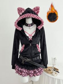 Elamini 女款休閒豹紋粉色拉鍊連帽衛衣，保暖內裡柔軟修身，秋冬日常居家服，Y2K配色開學穿搭 - 黑色 - 查看 1