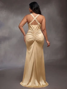 Cheriluna Maternity Maternity Elegant Slit Spaghetti Strap Dress - Champagne - View 2