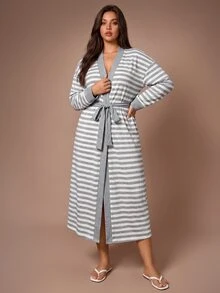 Lazeform Casual Striped Print Long Sleeve Long Length Plus Size Robe - Light Grey - View 5