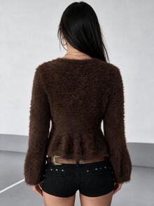Omancia Women's Round Neck Solid Color Faux Mink Fur Cardigan Sweater - Coffee Brown - View 2