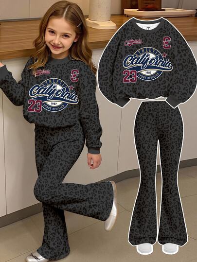 Vintage Grey Leopard Print, California American College Letter, Number 23 Graphic, Cool Girl Style, Young Girl Casual Minimalist Loose Crew Neck Long Sleeve Sweatshirt And Flare Pants 2 Pieces Set, Fleece Lined For Autumn/Winter, Vintage Varsity Style, American Streetwear Kids, Y2K Kids, Sweet Cool Girl Style