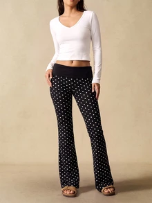 VARSIVA Women's Casual Striped Flared Pants With Waist Fold Over Leggings - Black and White - View 8