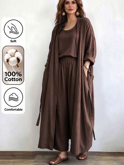 Linhara CURVE Women's Plus Size 3-Piece Set Long Casual Linen Jacket + Loose Tank Top + Casual Long Pants, Casual Jacket, Outdoor/Commute/Relaxed Home Wear, Autumn/Winter 3-Piece Set