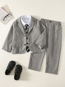 SHEIN 3件組兒童青少年男孩極簡剪影高級深皇家藍格紋西裝套裝，附深皇家藍領帶，適合婚禮季、派對及各種場合 - 灰色 - 查看 7