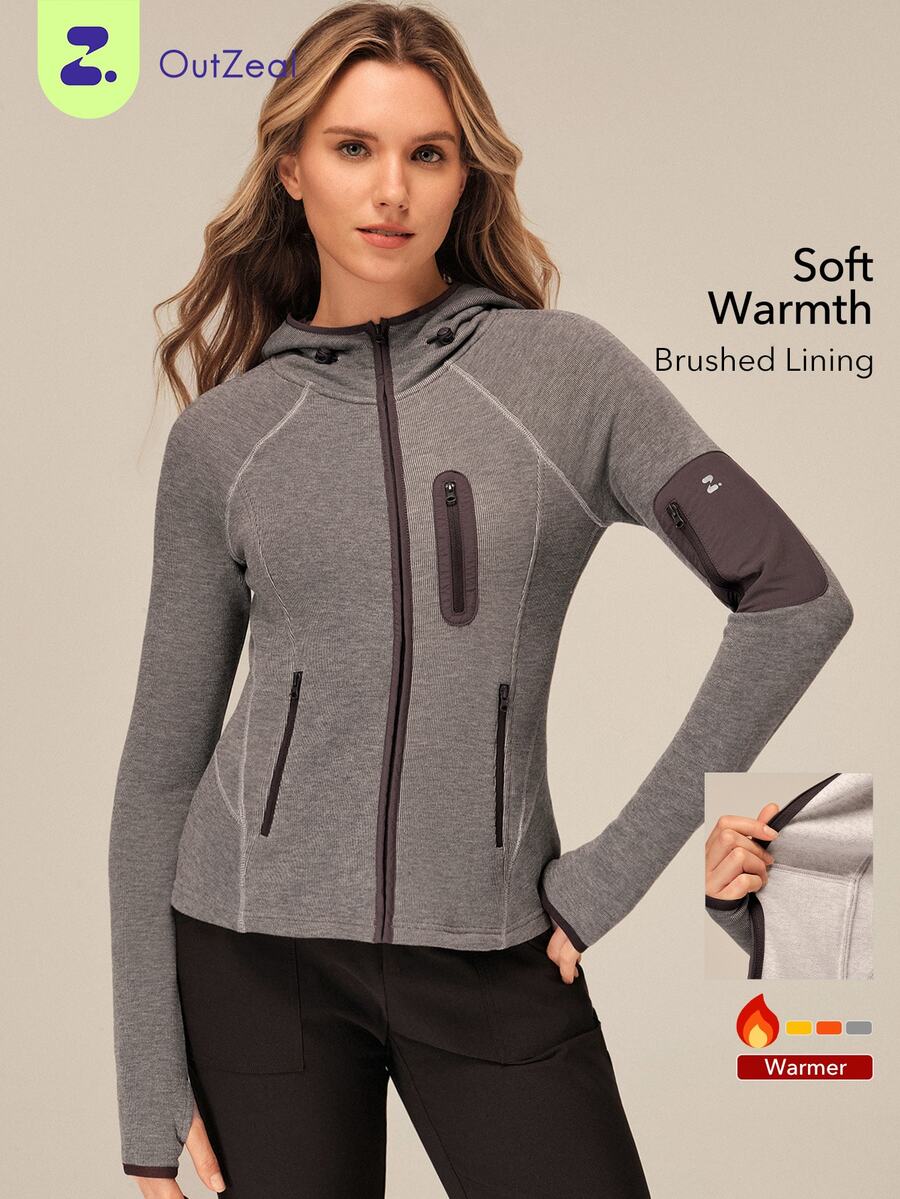 OutZeal Women Sports Jacket Gym Workout Yoga Slim-Fit Zip Up Hooded Thermal Winter Jacket - Grey - View 1