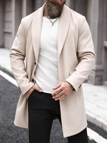 Manfinity Homme 男士大尺碼鈕扣前襟長袖口袋簡約休閒大衣，適合外出，送給朋友、丈夫和男友的禮物，秋冬款 - 杏色 - 查看 5