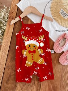 [1 Bộ Romper Bé] Merry Christmas, họa tiết người gừng Noel dễ thương kèm nơ chấm bi, romper dây đeo casual cho bé gái, phù hợp mùa xuân và mùa hè - Nhiều màu - Xem 2