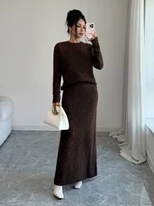 Selianne Women's Autumn/Winter Slouchy Round Neck Knit Sweater & High Waist Long Skirt 2 Pieces Set, Loose Long Sleeve Pullover - Brown - View 1
