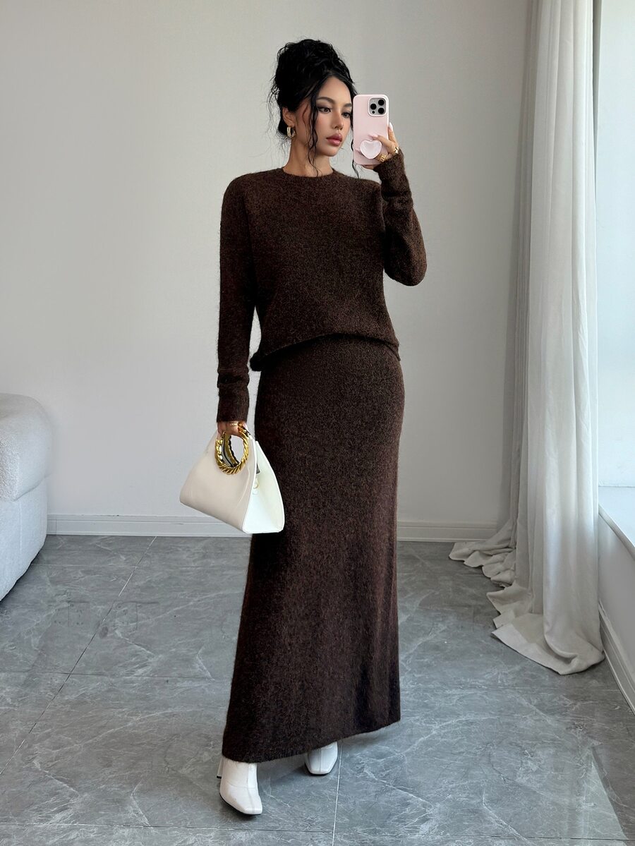 Selianne Women's Autumn/Winter Slouchy Round Neck Knit Sweater & High Waist Long Skirt 2 Pieces Set, Loose Long Sleeve Pullover - Brown - View 1