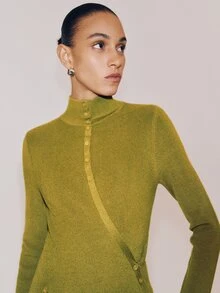 Anewsta Essential Women Elegant Half High Neck Ribbed Knit Pullover, Cross Wrap Side Button Irregular Asymmetrical Hem Slim Fit Long Sleeve Sweater, Autumn Winter Chris - Green - View 7