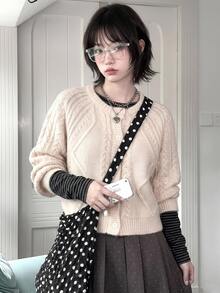 DAZY Women's Round Neck Solid Color Long Sleeve Korean Style Autumn/Winter Cardigan - Pink - View 8