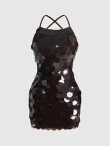 ROMWE Party Mini Brown-Red Giant Sequin Sexy Ultra Short Backless Women's Mini Dress - Rust Brown - View 1