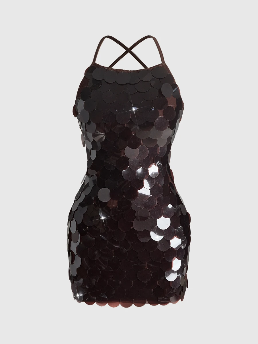 ROMWE Party Mini Brown-Red Giant Sequin Sexy Ultra Short Backless Women's Mini Dress - Rust Brown - View 1