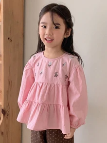 Dazy Kids 女童花卉刺繡長袖荷葉邊可愛上衣 - 粉色 - 查看 2