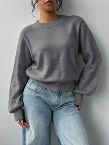 SHEIN BASICS 女款素色圓領長袖休閒基礎寬鬆毛衣 淺黃色 秋冬日常 早午餐 校園穿搭 - 淺灰色 - 查看 1